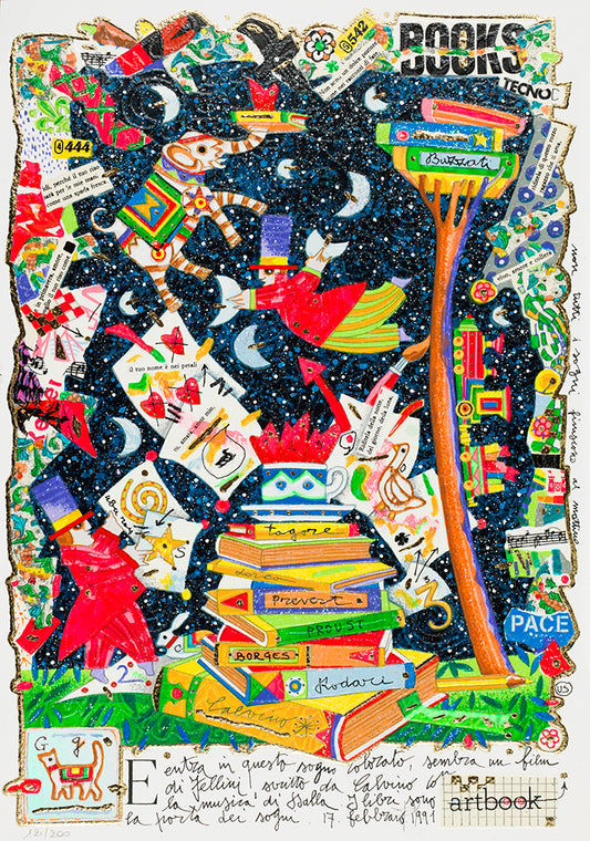 entra in questo sogno colorato, sembra un film di Fellini, scritto da Calvino con la musica di Dalla. I libri sono la porta dei sogni